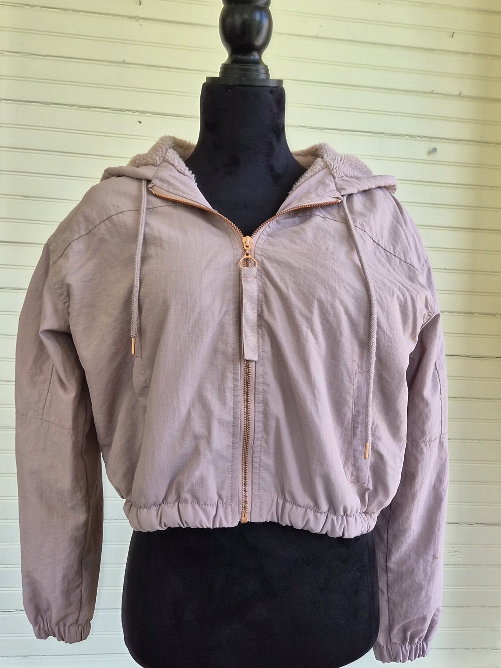 Ashley - Dusty Mauve Cropped Hooded Zip Jacket, Rose Gold Trim, Medium